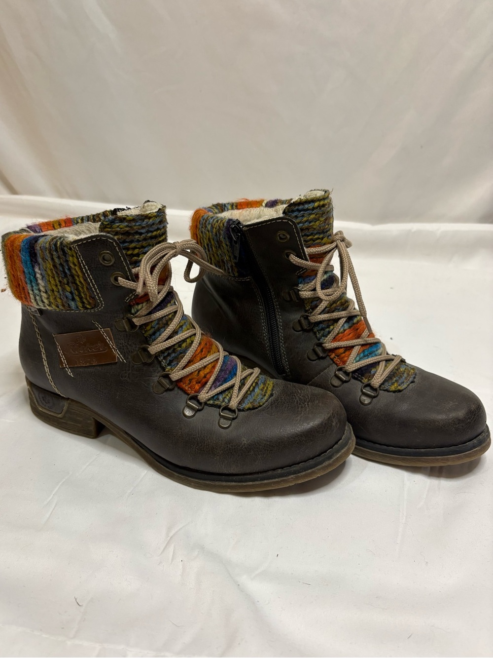Rieker Felicitas Brown Leather Ankle Boots Woven Knit Collar Women’s 39